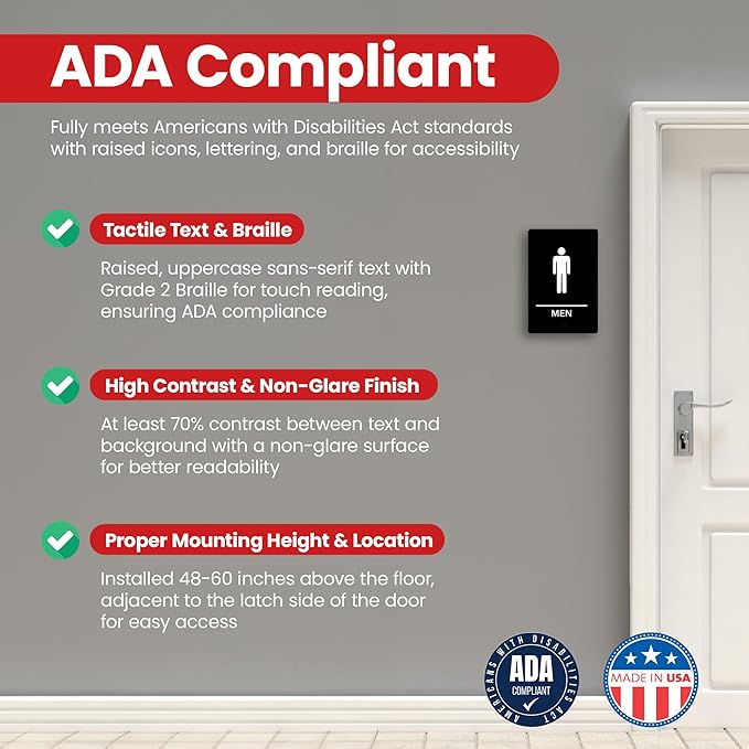 Promot Men and Women Restroom Sign – ADA Braille Bathroom Sign for Business, Self-Adhesive, 9" x 6", Commercial Door Signage, Office Wall Decor - Black