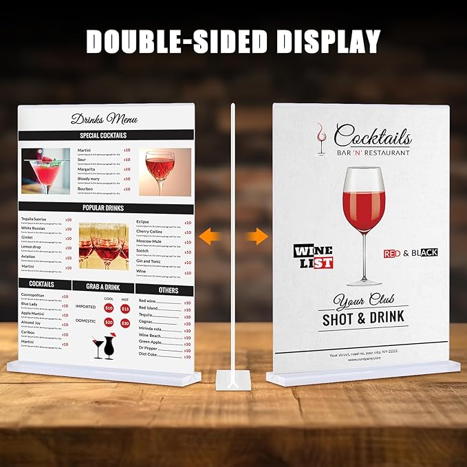 6pack Acrylic Sign Holder 5.5 X 8.5, Vertical T Shape Clear Plastic Menu Holder, Unbreakable Table Sign for Restaurant, Office, School, Store and Home Use