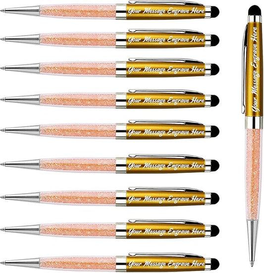 Ancolo Personalized Nice Office Pens with Stylish Crystal- Fancy Writing pens - Engraved with Your Name Message, Metal Body Black ink Gift for Office, Friends - 10 Pens/Box (Gold)
