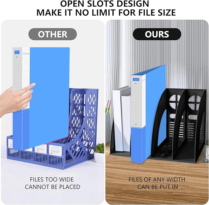 SAYEEC File Holder Storage Folder 4 Compartment Standing Desktop Hollow Organizer Black Files Shelf Frame Thicken Plastic Paper Notebook Magazine Bookstore for Office School Supplier Students