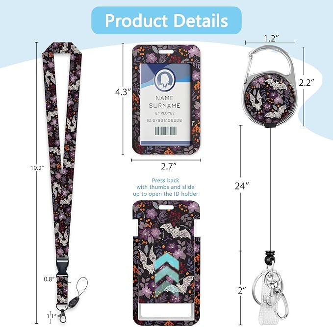 Gctriki Goth Lanyards for ID Badges, Bat Flower id Holder with Lanyard, Retractable Badge Reel Clip Keychain Name Tag Protector for Women Teacher Nurse Doctor Student Worker Office Supplies