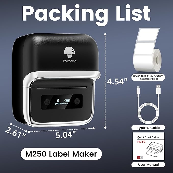 Phomemo M250 3 Inch Label Maker Machine with Tape, 2025 Upgrade Portable Barcode Label Printer for Business, Home, Logo Label, Thermal Address Label Maker with 100 Labels, 40x30mm