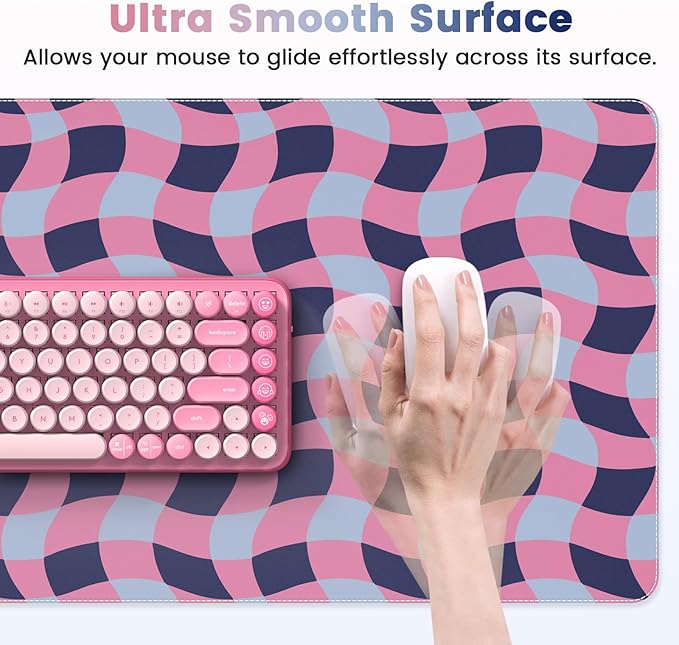 HAOCOO Checkered Desk Mat, 35.4" x 15.7" Leather Desk Matt, XXL Mouse Pad Office Decor, Non-Slip Keyboard Pads, Water Resistant Table Mat, Stitched Edge Keyboard Pad for School, Home(Pink)