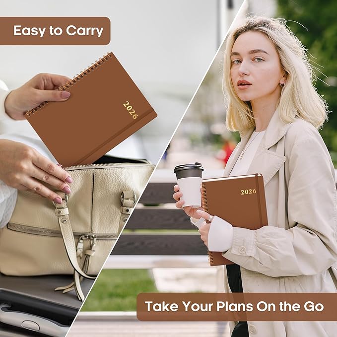 2026 Planner, Weekly and Monthly Calendar Planner Book, January 2026 - December 2026, Hardcover Spiral Planner with Monthly Tabs, Notes Pages, Perfect for Women & Men, A5 (6.4" x 8.5") - Brown