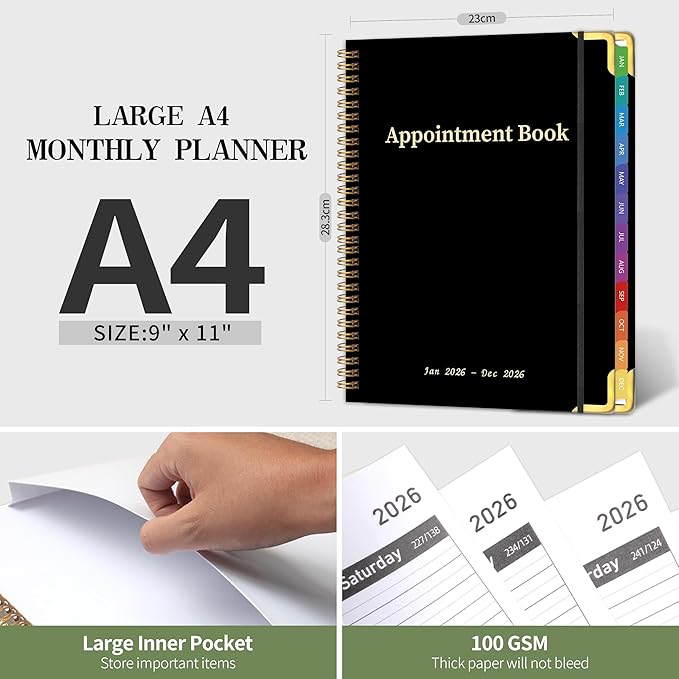 2026 Appointment Book/Planner - 2026 Daily Hourly Planner from Jan. 2026 - Dec. 2026, Weekly appointment Book 2026, 2026 Hourly planner with 20-Minute Interval, 9" x 11", Twin-Wire Binding, Colorful Tabs, Pocket - Black