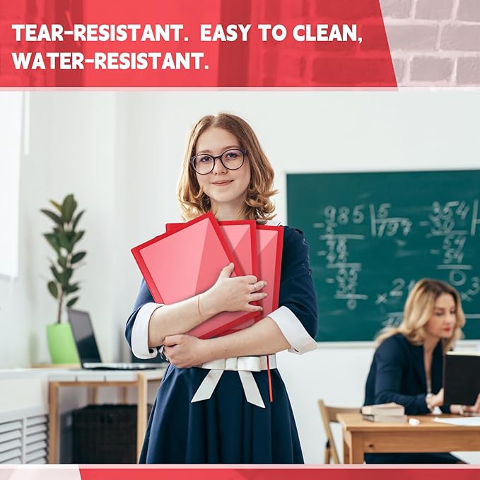 Teling 24 Pcs Plastic Folders with Front Clear Pocket and Business Card Holder 2 Pocket Heavy Duty Folders Plastic Letter Size Paper for Business School Office Supplies (Red)