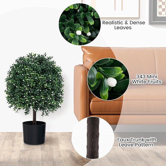 Goplus 21.5’’ Artificial Boxwood Topiary Ball Tree, Set of 2 Faux Potted Plants Artificial Shrubs Bushes with 343 White Fruits, Fake Evergreen Artificial Topiary for Home Front Porch Decor