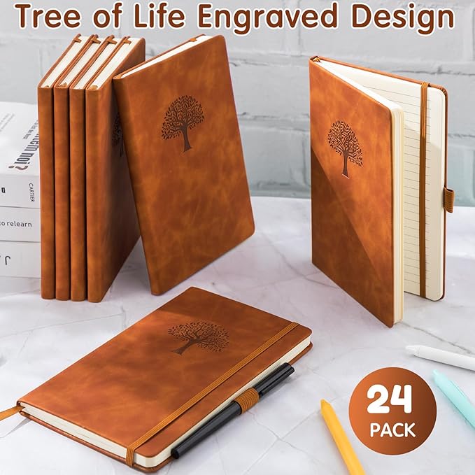 24 Pack Leather Notebook Journals Bulk 5.7" x 8.3" Harder Cover A5 Journals for Writing Men Women Leather Travel Notebooks Daily Gifts for Office School (Brown)