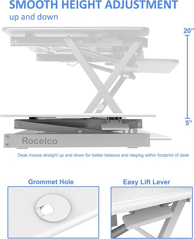 Rocelco 40" Large Height Adjustable Standing Desk Converter - Quick Sit Stand Up Dual Monitor Riser - Gas Spring Assist Computer Workstation - Retractable Keyboard Tray - White (R DADRW-40)