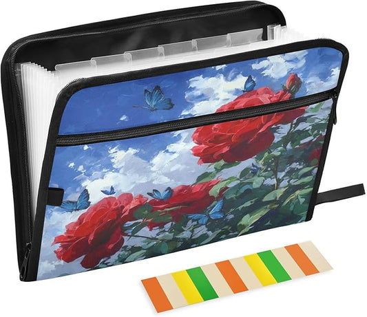 Rose and Blue Sky Expanding File Organizer with 13 Pockets Accordion File Folders with Labels,Portable Document Paper Bill Receipt Organizer,Home College School Office Supplies, Letter Size
