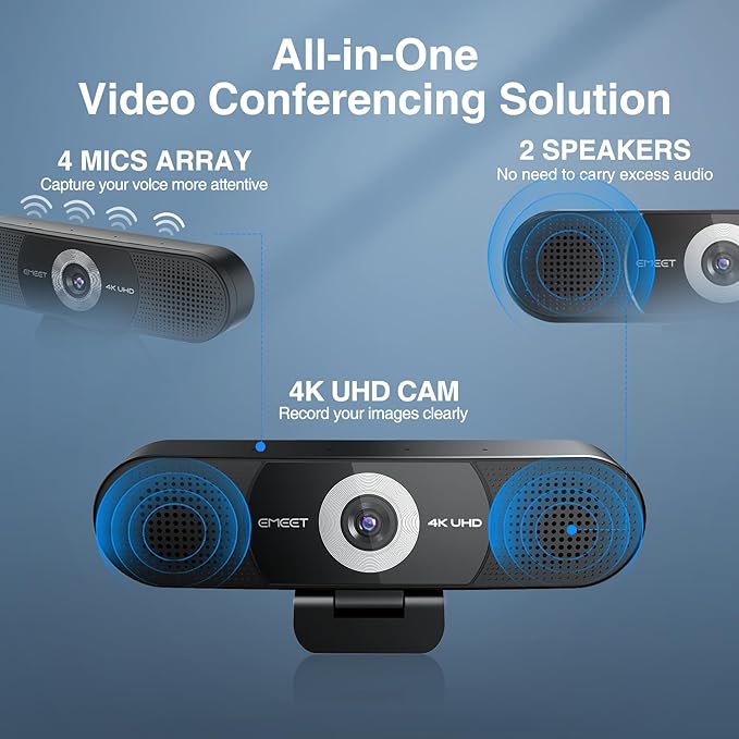 EMEET 3-in-1 4K Webcam with Microphone and Speaker, C980 PRO 60°-98° Wide Angle Webcam w/ 4 Noise Cancel Mics, 2 Speakers, Fixed Focus, Magnetic Privacy Cover, Great for Group and Personal Video Calls