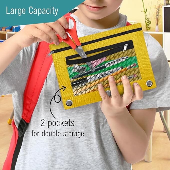 EXTRIC 3 Ring Binder Pencil Pouch with Clear Window, 12 Pack Pencil bags, 4 Color set, Durable Zippered Pouch with 2 Pockets for School Supplies