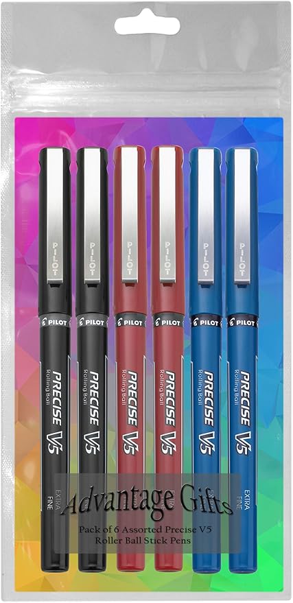 Precise V5 Stick Rolling Ball Pens, Extra Fine Point (.5mm), Assorted Colors Black/Blue/Red Ink, 6-pk; Bundle with Plastic Reusable Pouch