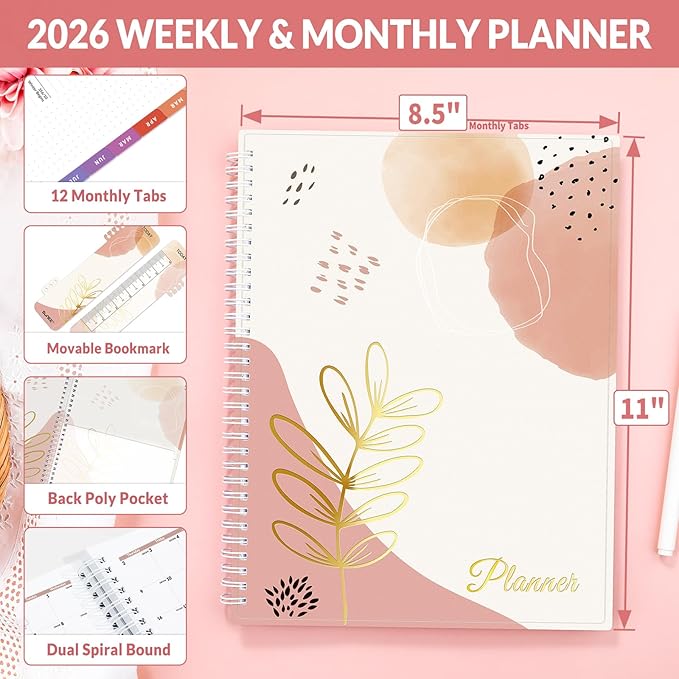 SUNEE 2026 Weekly and Monthly Planner - from January 2026 - December 2026, 8.5"x11" Daily Agenda Planner with Monthly Tab, Flexible Cover, Note Pages, Pockets, Bookmark, Spiral Binding, Pink Breeze