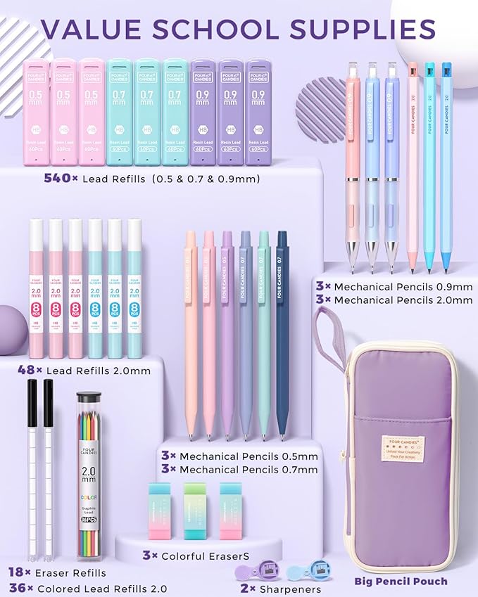 Four Candies 36PCS Aesthetic School Supplies, Mechanical Pencil Set 0.5mm, 0.7mm, 0.9mm & 2.0mm with 624 Lead Refills, Back to School Supplies for Writing & Drawing, Ideal Stationary Set Gift (Purple)