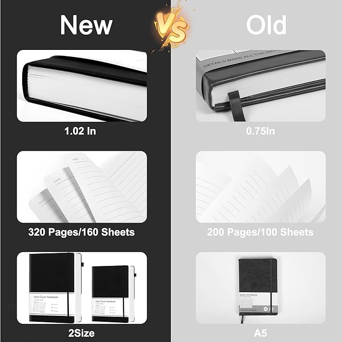 CAGIE Lined Journal Notebook, 320 Pages College Ruled Notebook, 100 Gsm Paper Thick Journal, B5 Hardcover Leather Journals for Writing Women Men, 7.6x10 In, Black