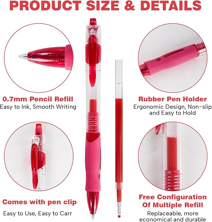 Innertone Black/Red/Blue Gel Pens, 12 Pcs Retractable Fine Point 0.7mm, with 5 Pen Refills,Red/Black/Blue Pen, with Quick-Drying Ink, Suitable for Women, Men, Journal, School, Office