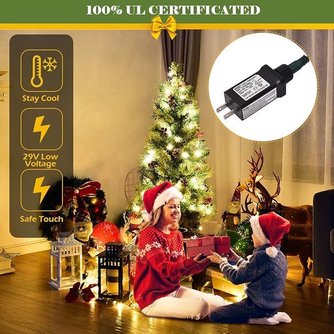 HAPPYGRILL 3FT Pre-Lit Artificial Christmas Tree with Urn Base, Artificial Xmas Tree with 100 Branch Tips, 40 Warm White Lights, Pine Cones, Red Berries, Front Door Porch Entryway Christmas Tree