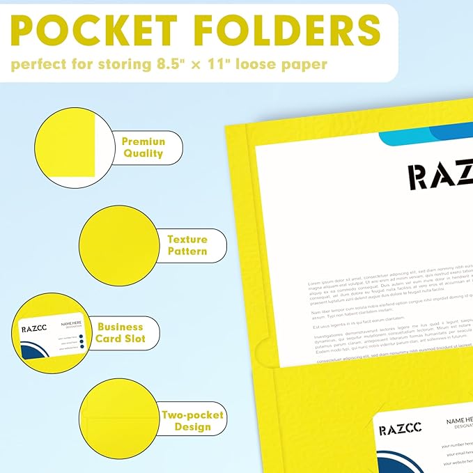 Two Pocket Folders, RAZCC 50 Pack 2 Pocket Folders Fit Letter Size Paper, Paper Folders with Pockets for School Office Business Home, Yellow