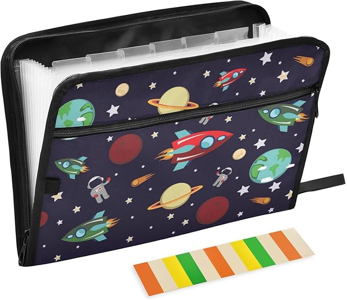 Expanding File Folder - Rocket Planets Star Astronaut 13 Pocket Accordion File Folders with Sticky Labels, A4 Letter Size Paper Document Organizer with Zipper Closure for Office School Boys Girls