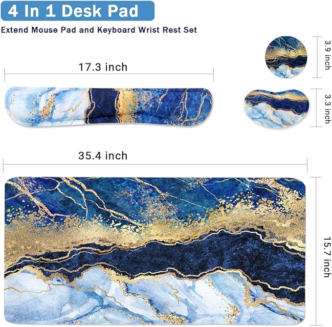 4-in-1 Large Gaming Mouse Pad, Keyboard Wrist Rest Pad & Wrist Support Mousepad Set, Extended Desk Pad Waterproof Desk Mat for Home Office Study Game - Blue Gold Marble
