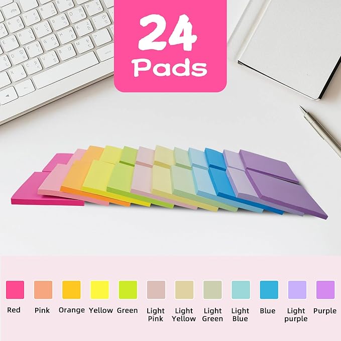 (24 Pads) Sticky Notes 3x3 Inches,Bright Colors Self-Stick Pads, Easy to Stick for Home, Office, Notebook