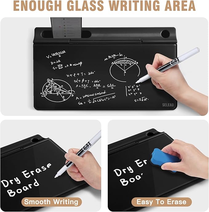 SELEAD Desktop Glass Whiteboard with Storage, Small Dry Erase White Board Computer Pad Keyboard Stand for Home, School, Office Desk Accessories - Black