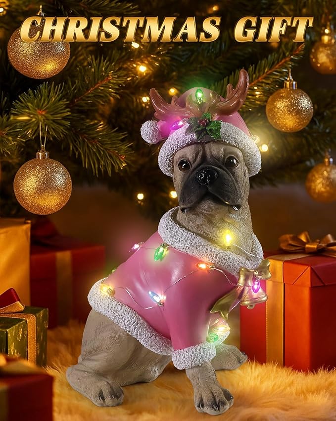 Christmas Outdoor Decoration Dog Statue, LED Light Cute English Bulldog Sculpture with Pink Santa Outfit & Lights for Garden and Yard, Indoor Holiday Décor Gift for mom and dad