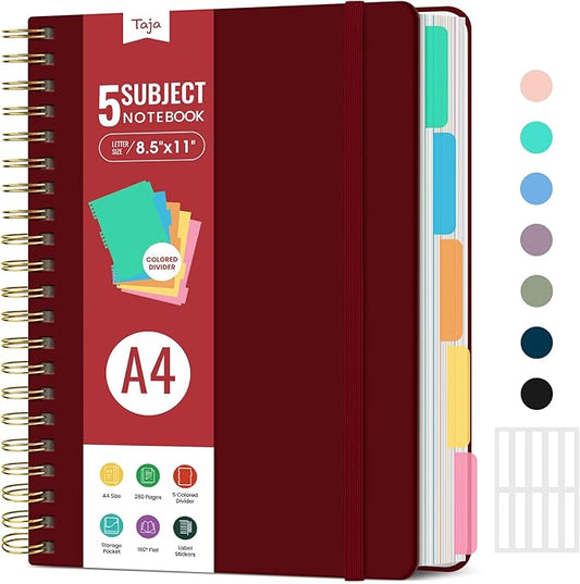 Hardcover Spiral Journal Notebooks for Work With Removable Dividers & Tabs, 8.5"x11" 5 Subject Notebook for Note Taking & Organizer, A4 College Ruled Lined Journal for Women & Writing, Burgundy, 280 Pages
