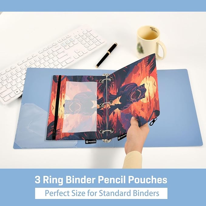 Dinosaur Pencil Pouch for 3 Ring Binder, 2 Pack Waterproof Pencil Bags Clear Window Zipper School Office Supplies