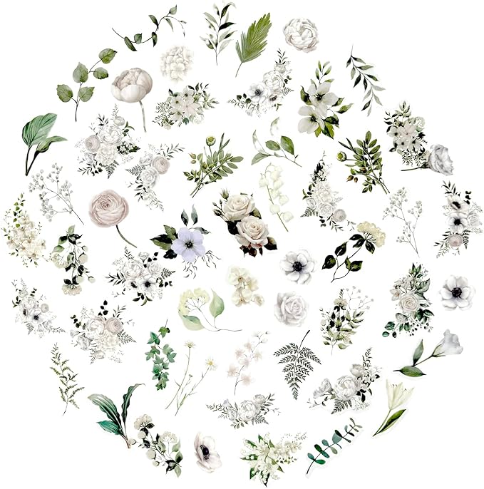 100 Pcs Daisy Camellia Stickers, White Flower Stickers for Scrapbooking Junk Journal Notebook Diary Planner Letter Envelope Water Bottle Phone Case Craft Decoration, 50 Patterns