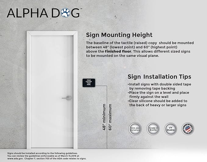 ALPHA DOG ADA SIGNS Custom ADA Compliant Braille Sign, 6"x9" Room Identification Plaque, Tactile Text, Raised Letters, Personalized 4-Line, Indoor/Outdoor, USA-Made (Black)