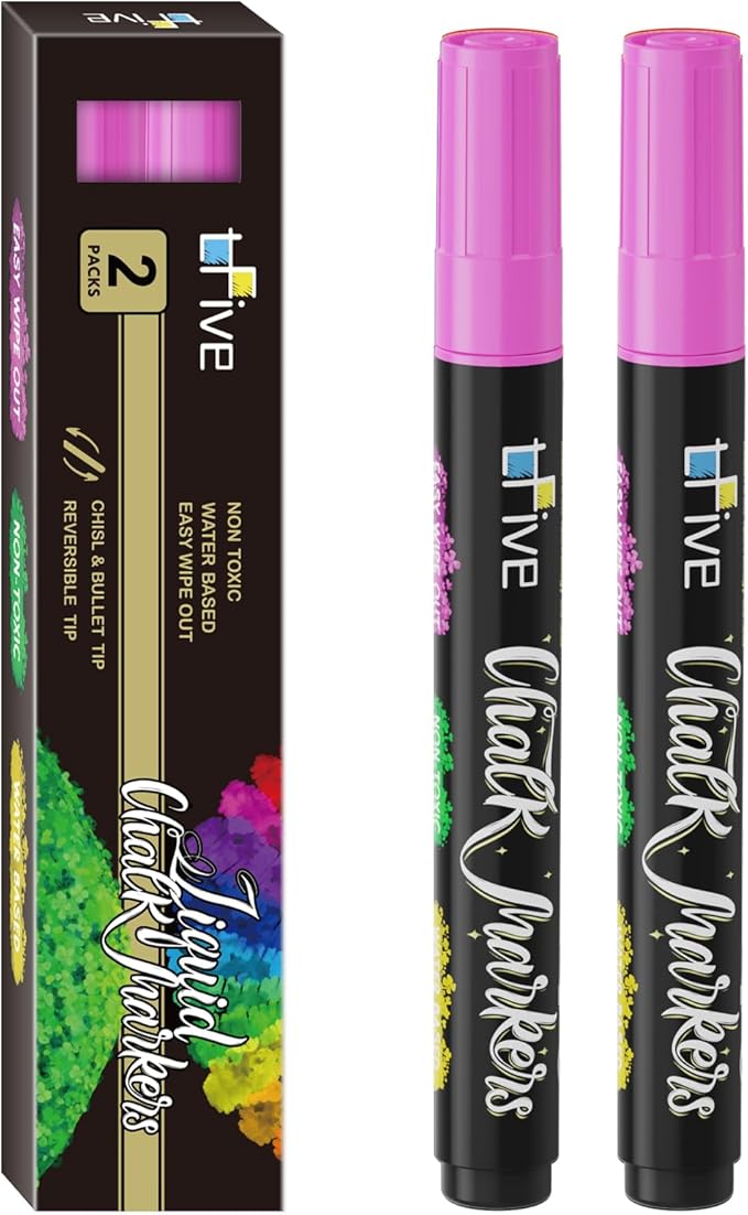 TFIVE Pink Liquid Chalk Markers - 2 Pack Bright Colors Erasable Chalk Marker Pens, Reversible Tip, Non-Toxic, for Chalkboards, Signs, Glass, Easy to use Chalk markers TF800