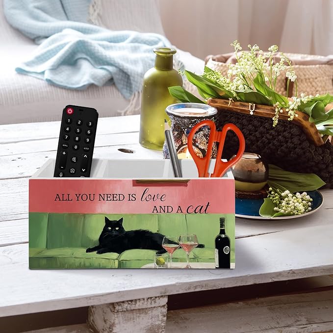 Funny Black Cat Cocktail Pen Pencil Holder Organizer for Desk Accessories, Trendy Whimsical Kitten Martini Wooden Box Sign Desk Decor for Office Decoration, Black Cat Gifts