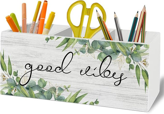 Inspirational Sage Green Eucalyptus Pen Pencil Holder Organizer for Desk Accessories, Good Vibes Positive Wooden Box Sign Desk Decor for Home Office Decoration, Motivational Gifts for Women