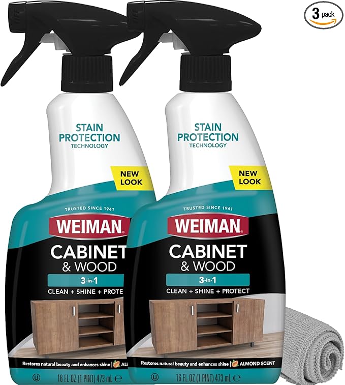 Weiman Cabinet and Wood Cleaner, Shine, Clean and Protect Spray - For Wood Cabinets, Furniture, Tables, Baseboards, Trim and more, 16 oz, 2 PACK with MicroFiber Towel