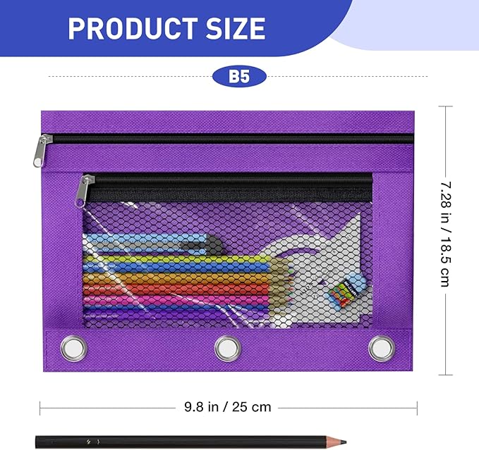 Pencil Pouch for 3 Ring Binder - 3 Hole Zipper Pen Case Bag Holder Bulk Accessories Clear Window Aesthetic Organizer Pockets (Purple, 1)