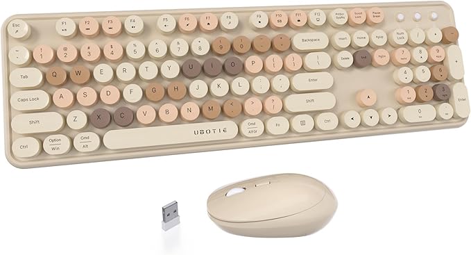 UBOTIE Colorful Computer Wireless Keyboards Mouse Combos, Typewriter Flexible Keys Office Full-Sized Keyboard, 2.4GHz Dropout-Free Connection and Optical Mouse (Milk Tea -Colorful)