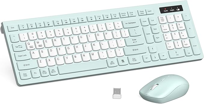 Silent Keyboard and Mouse Combo Wireless,ful-Sized Wireless Keyboard and Adjustable DPI Mouse, 2.4GHz USB Receiver, Keyboard and Mouse for PC, Windows, MAC, Desktop, Laptop (Mint Green-B)