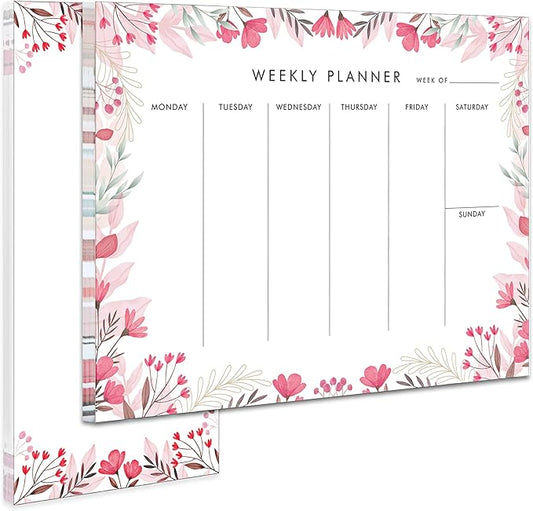 Weekly Planner Notepad Tear Off Set of 2 Weekly Calendar Pad 52 Undated To Do List Notepad Desk Planning Pads Productivity Tracker for Work School Home Goals Notes Schedule Ideas, Floral Pink