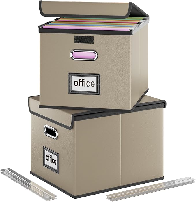 Huolewa File Organizer Boxes with Lids, Collapsible Faux Leather Hanging File Folder Box Organizer with Plastic Slide, Decorative Home/Office Filing System Boxes for File and Folders Storage