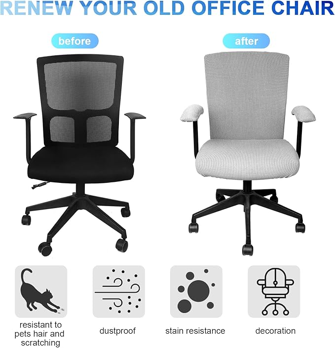 Tallew 8 Pcs Office Chair Covers Set Computer Universal Protective Stretchable Chair Seat Covers Desk Armrest Slipcovers Pads Office Cushion Backrest for Rotating (Silver Grey)
