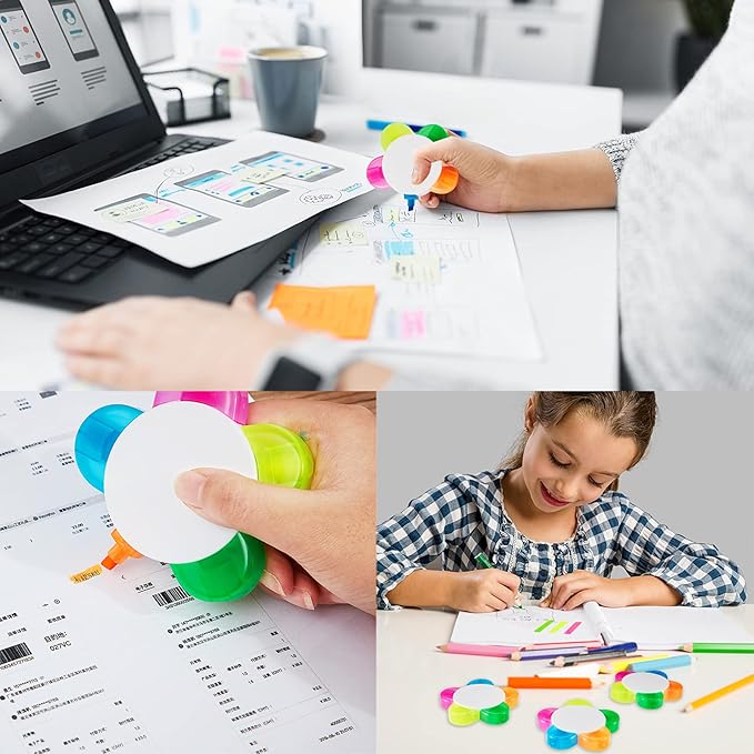 Outus 3 Pieces Petals Highlighters Assorted Colors Back to School Flower Shape Watercolor Highlighter Pens 5-in-1 Fluorescent Pens for Office School Stationery Aesthetic Supplies,5 Colors