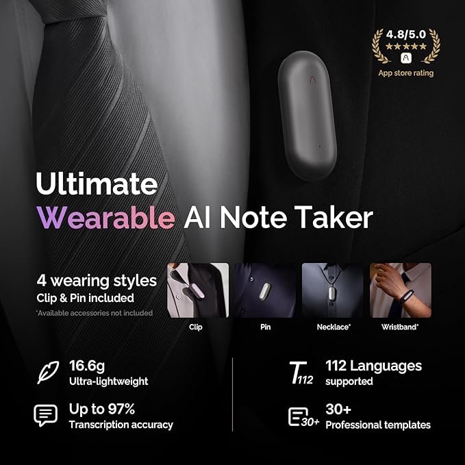 NotePin Voice Recorder, AI Voice Recorder, App Control, AI Notetaker, AI Transcribe & Summarize, Support 112 Languages, 64GB Memory, Audio Recorder for Lectures, Meetings, Cosmic Gray