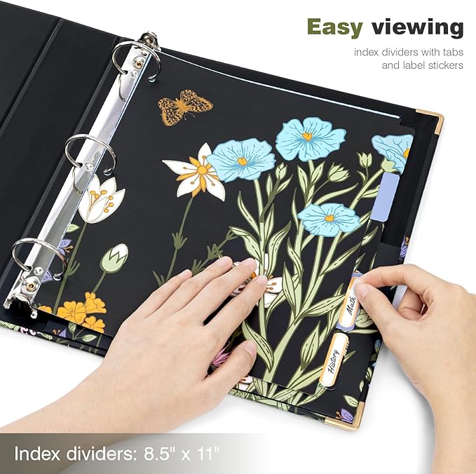 Ospelelf 3 Ring Binder 1.5 Inch, Floral Round Ring Clipboard Binder with 5 Tab Dividers for Letter Size Documents, for School and Office Supplies, Moonlit Blossoms