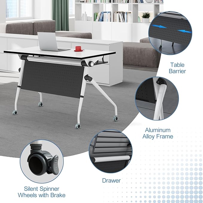 Conference Table, Folding Conference Room Tables, Mobile Training Tables with Silent Wheels, Large Rectangular Modular Seminar Table Office Computer Desks for Classroom White (10Pack L70.9in)