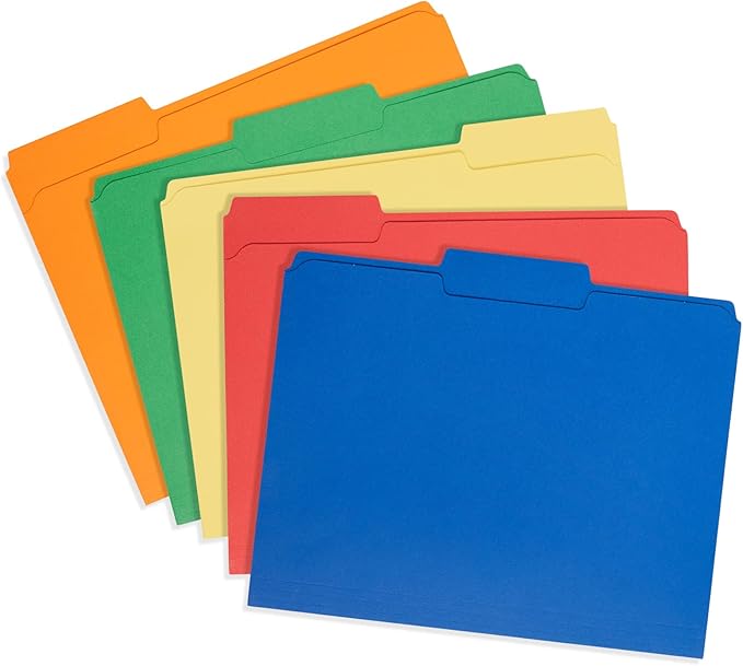 100 Blue Summit Supplies Colored File Folders Letter Size with 1/3 Cut Tabs, Assorted Colored Folders, Durable 11pt Paper, Colorful File Folders for Files, Multi Color File Folders, Reinforced Tabs