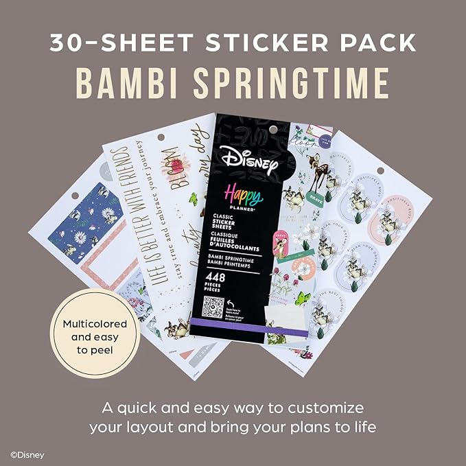 Happy Planner Disney Sticker Pack for Calendars, Journals, and Planners, Easy-Peel Stickers and Scrapbook Accessories, Bambi Springtime Theme, Classic Size, 30 Sheets, 448 Total Stickers