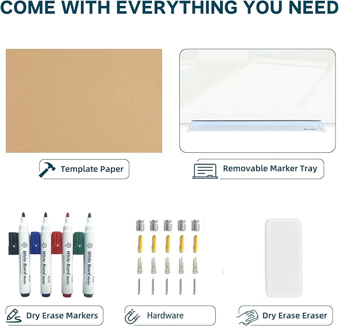 J&J worldwide Glass Whiteboard 47"x35", Magnetic White Board Glass Dry Erase Board Large Frameless Glass White Board for Office, Home & School with Marker Tray & Markers