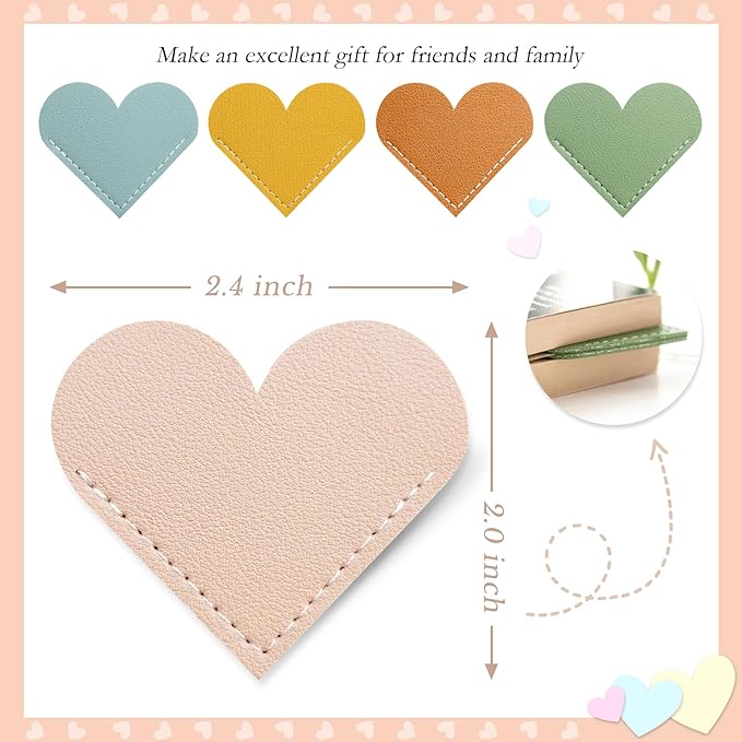12 Pcs Leather Heart Bookmarks - Handmade Cute Page Book Marks for Reading Women & Book Lovers, Valentine’s Day Gifts, Teacher & Student Book Accessories for School Office Home Supplies (6 Colors)